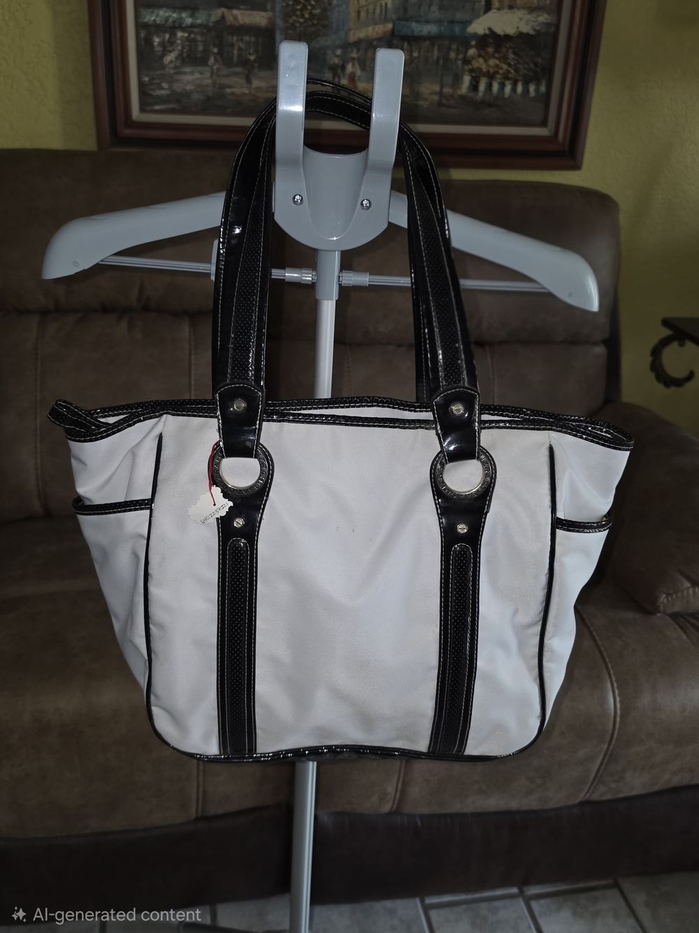 Designer Isaac Mizrahi New York Two-Tone White Canvas and Black Patent Tote